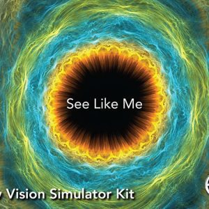 A colorful graphic resembling the iris of a blue and green eye. In the center is a black circle surrounded by a yellow halo with the text "See Like Me." In the bottom left corner, the text reads "Low Vision Simulator Kit." In the bottom right is the APH logo.