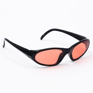 Topaz filters glasses with oval-shaped frames and red-tinted lenses