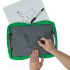 Two hands drawing a constellation with a bear outline on tactile drawing film attached to the green TactileDoodle frame. Above the frame is a printed sheet depicting the same image as the tactile drawing. A black marker rests on the page