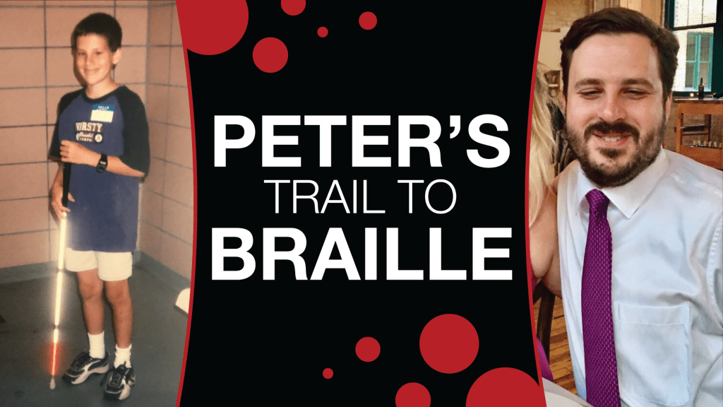 a photo of Peter as a child on the left, a photo of peter now as an adult on the right. In the middle is text that reads