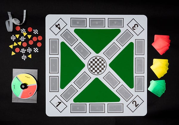 Color-Raceway-Kit-on-black-bkgrd-1-08461-00 Color Raceway game board, pieces, reflective color cards and spinner on black background