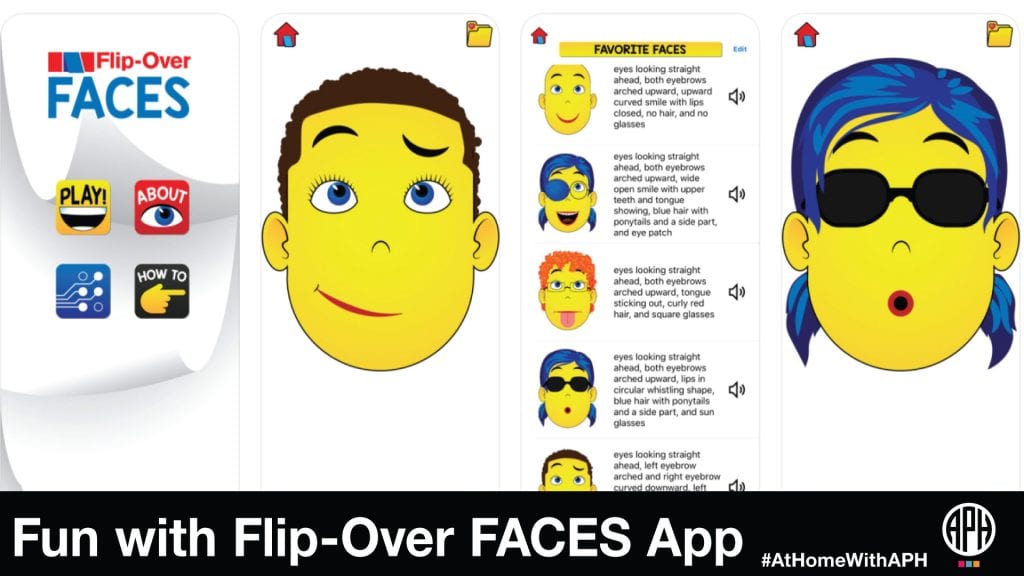 screen grabs of the Flip-Over FACES app including examples of the facial expressions that can be made. Text reads