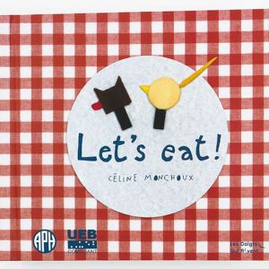 Let's Eat book cover featuring a red gingham background and a white circle with the words "let's eat"