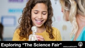 a girl holding a miniature model of the human skeleton and talking to an adult. text reads 