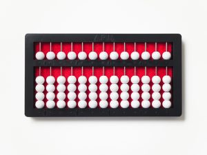 abacus with white beads, a red background, and a black frame, organized appearance
