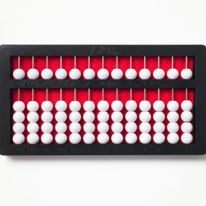 abacus with white beads, a red background, and a black frame, organized appearance