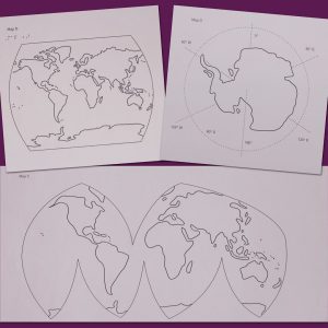 three paper maps of the earth and continents