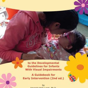 The cover of CVI Companion Guide to the Developmental Guidelines for Infants With Visual Impairments, A Guidebook for Early Intervention (2nd ed.) by Amanda Hall Lueck, Ph.D., Deborah Chen, Ph.D., and Elizabeth S. Hartmann, Ph.D. On the cover is a woman holding a child in her lap. The cover is decorated with illustrations of flowers.