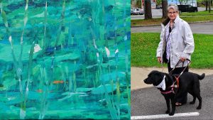A painting of blue, green, and teal impressionistic painting with small spots of yellow and orange. The strokes are evocative of water. An image to the right shows a woman and her black lab guide dog walking outside near green grass and trees.