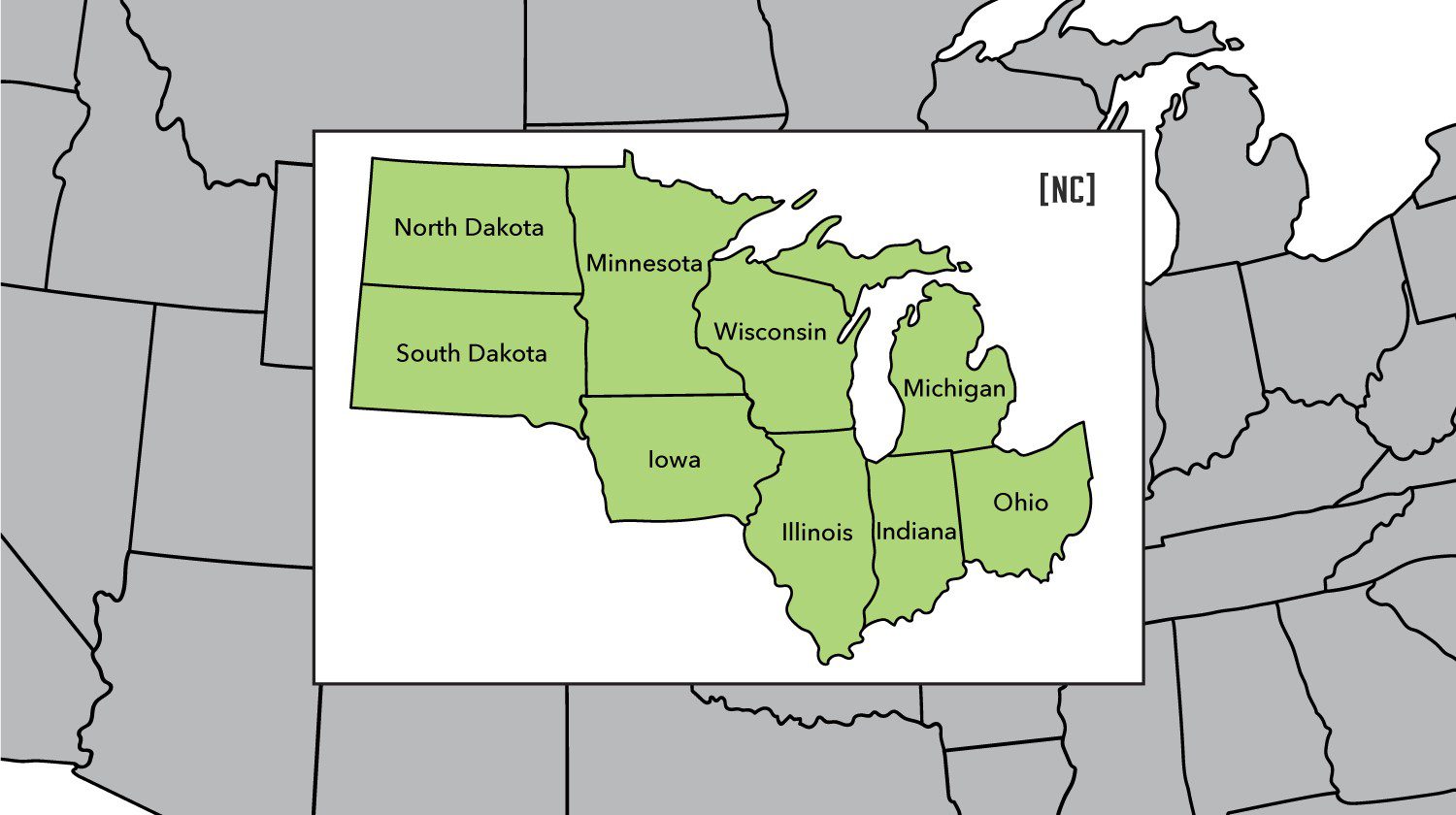 Northcentral Region Outreach map displaying the states of Illinois, Indiana, Iowa, Michigan, Minnesota, North Dakota, Ohio, South Dakota, and Wisconsin.