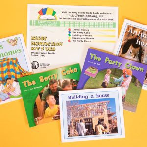 Early Braille Trade Books, Rigby Nonfiction Kit 5 UEB, Uncontracted: Animal Homes, The Berry Cake, Building a House, Houses and Homes, and The Party Clown.