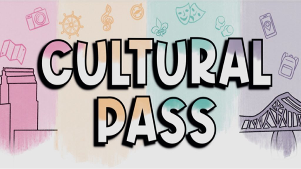 Cultural Pass logo in pale pink, yellow, teal, and purple. A sketch of the Louisville skyline is in the background.
