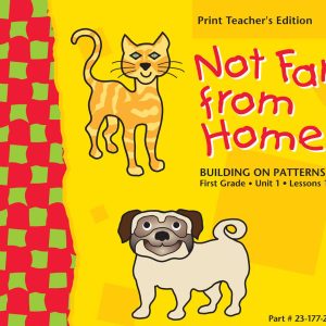 Illustrated book cover titled Not Far from Home in red, featuring an orange cat and a brown dog on a yellow background. Red and green pattern on the left.