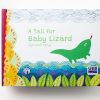 A Tail for Baby Lizard” by Hye-sook Kang. The cover of the book shows a green lizard sticking his tongue out toward the top right-hand corner of the book. Beneath the lizard is a multi-layered drawing of different shades of blue water and green leaves. The APH logo is on the bottom left corner of the cover and the UEB logo is on the bottom right-hand corner.