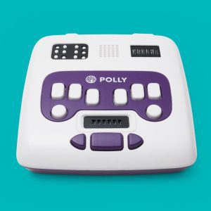 Overhead view of APH Polly device showing large and standard braille cells, a six-dot braille keyboard, electronic slate, and navigation keys. The device is over a teal background.