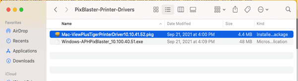 Installing the Pixblaster driver on a Mac 1 - Screenshot illustrating PixBlaster driver files in the Mac Finder
