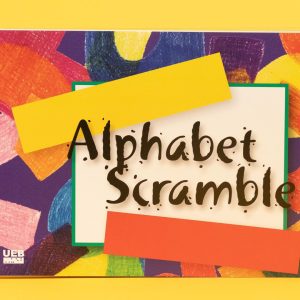 Cover of Alphabet Scramble with UEB icon in the bottom left. The cover contains a variety of colorful graphic shapes that look like crayon drawings beneath a white box containing the title "Alphabet Scramble."