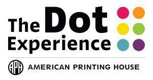The Dot Experience logo: the words “The Dot Experience” in bold black letters stacked, with the words “The” and “Dot” over the word “Experience.” The two lines of type are equal in length. “The” and “Experience” are the same size, but “Dot” is larger and more prominent than the other two words. To the right of the two lines of type is a braille cell made of six individually colored circles.