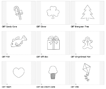 CBT images including candy cane, clover, evergreen tree, fish, gift box, gingerbread man, heart, ice cream cone, and kite.