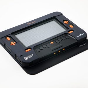 Top-down view of the Monarch's face. In the top center is the orange logo, a butterfly graphic next to the text "Monarch." On either side of the braille display screen are navigation keys and below is a Perkins style braille keyboard. The Monarch sits at a 45 degree angle on a white background.