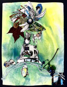 An abstract flower constructed with strips of paper and found objects such as an acorn, buttons, and yarn, sprouts from the center of the artwork against a backdrop of soothing yellow, blue, and green watercolor paints. 