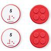 Comparison of two red circle number tiles showing the differences between UEB and Nemeth for the number 5.