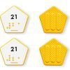 Comparison of two yellow hexagon number tiles showing the differences between UEB and Nemeth for the number 21.