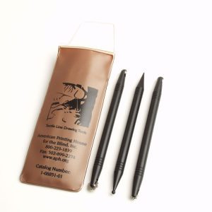 Three black line-drawing tools laid out parallel to the "Tactile Line Drawing Tools" pouch. Each tool is shaped like a pencil with a line-drawing instrument at both ends.
