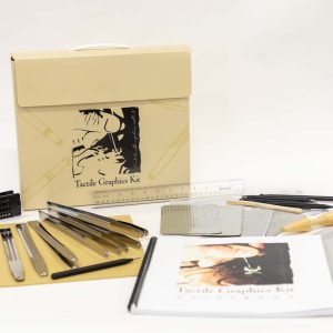 The illustrated Tactile Graphics Kit case is standing up right behind all components of the Tactile Graphics kit laid out on a white background.