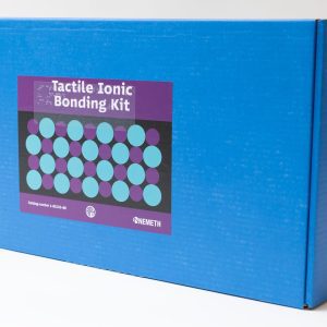 The blue storage box for Tactile Ionic Bonding Kit Nemeth. The sticker with the product name resembles the design on the front cover of the guidebook.