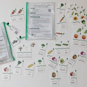 All the pieces from the Memory Puzzles: Fruits & Veggies kit spread out on a white background. The kit comes in two pouches with green zippers.
