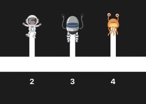 Along a white line, the numbers 2, 3, and 4 are shown as points. Above the 2 is an illustrated astronaut, to the right above the number 3 there is a grey robotic alien, to the right above the number 4 their is an orange alien resembling a crab.