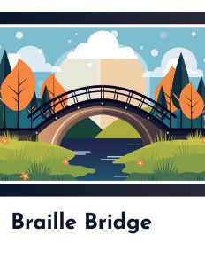 A bridge of bright blue and orange appears above the words 