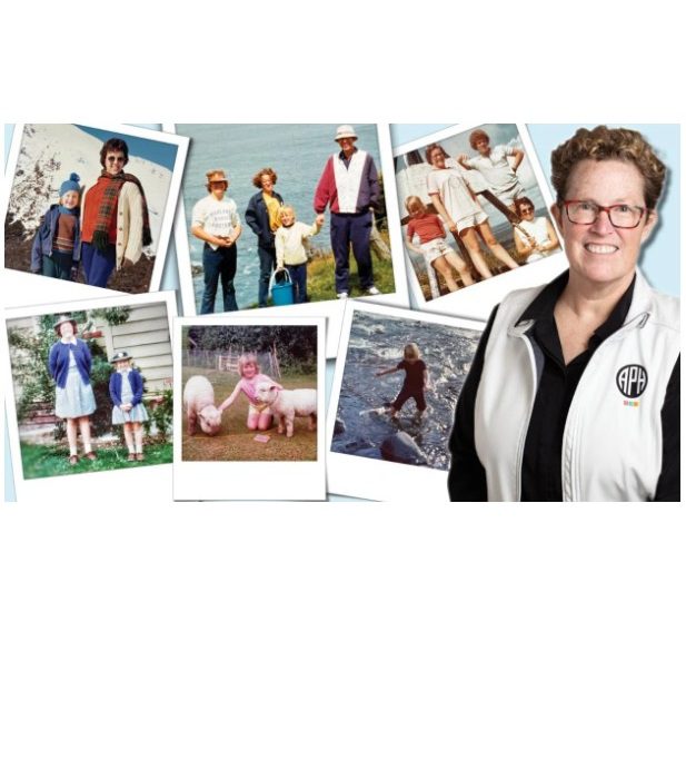 A collage of six images highlighting Jo's childhood. To the right, is a headshot of Jo.