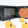 The book is stood up on its long edge, opened to the last page of the book. On the left side of the book is the final page with white text and UEB braille. On the right is an illustration of an orange pumpkin with a green vine in the background. In the foreground of the photo are small decorative pumpkins