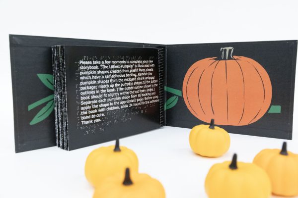 The book is stood up on its long edge, opened to the last page of the book. On the left side of the book is the final page with white text and UEB braille. On the right is an illustration of an orange pumpkin with a green vine in the background. In the foreground of the photo are small decorative pumpkins