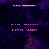 Cosmic Number Line app home screen with a blue and purple galaxy background. The options include Start, Settings, How To, and About.