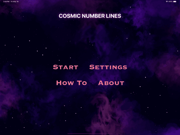 Cosmic Number Line app home screen with a blue and purple galaxy background. The options include Start, Settings, How To, and About.