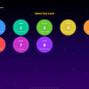 Eight colored circles on a galaxy background, each depicting a level with a number and title. At the top of the screen, there is yellow text that says, "Select Your Level."