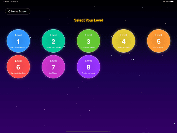 Eight colored circles on a galaxy background, each depicting a level with a number and title. At the top of the screen, there is yellow text that says, "Select Your Level."