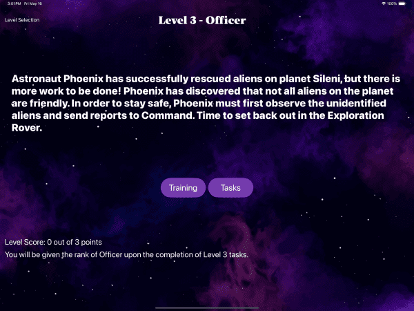 The level three screen with options for "training" and "tasks." On a galaxy background, there is white text explaining the tasks ahead for astronaut Phoenix as they explore planet Sileni.