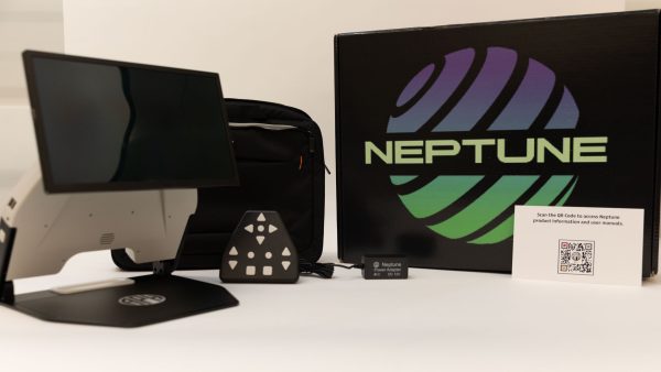 An opened Neptune device, a keypad, a charging cable, and a black carrying case next to the black branded Neptune box. The device is mostly white with a black base and a black monitor. The box has a purple and green graphic that reads, "NEPTUNE."