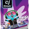 CJ, a blue furry catlike creature from outer space, spinning records at a DJ table against a colorful purple background. He is wearing a set of headphones, and musical notes are emitted from his turn table. In the top left corner is a microchip inspired icon that says “CJ Threads.”