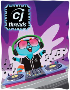 CJ, a blue furry catlike creature from outer space, spinning records at a DJ table against a colorful purple background. He is wearing a set of headphones, and musical notes are emitted from his turn table. In the top left corner is a microchip inspired icon that says “CJ Threads.”