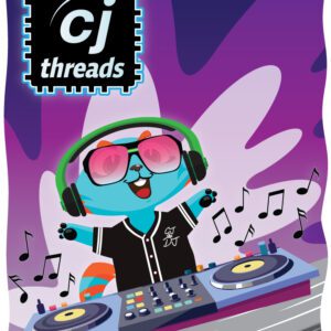CJ, a blue furry catlike creature from outer space, spinning records at a DJ table against a colorful purple background. He is wearing a set of headphones, and musical notes are emitted from his turn table. In the top left corner is a microchip inspired icon that says “CJ Threads.”
