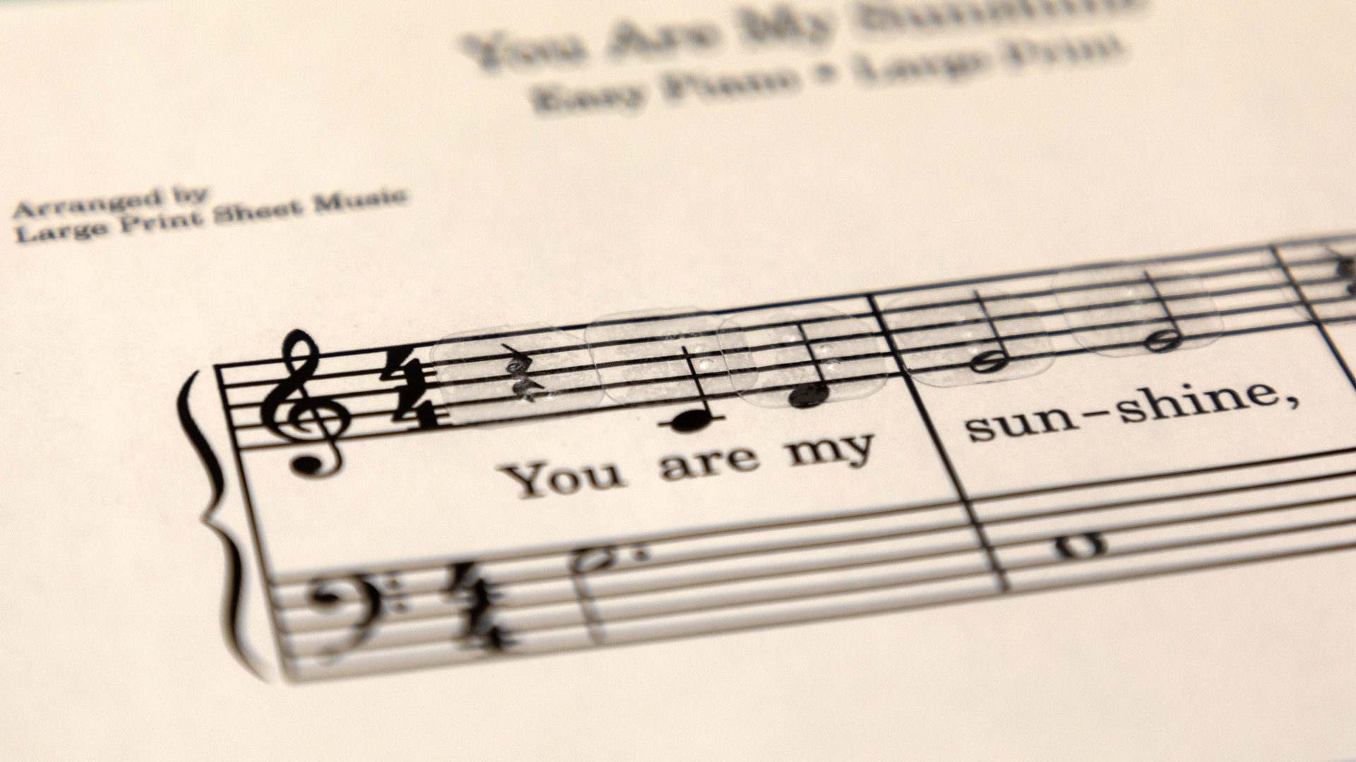 Sheet Music for "You are my Sunshine" with clear raided braille stickers over the notes.