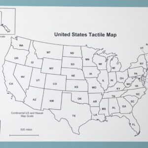 A raised-line black and white paper map of the United States with braille labels on a blue background.
