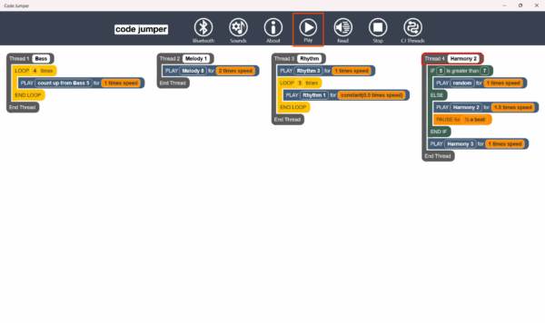  A screenshot of the Code Jumper app with the new CJ Threads button on the top right of the navigation menu. An orange square highlights the Play button in the center of the menu.