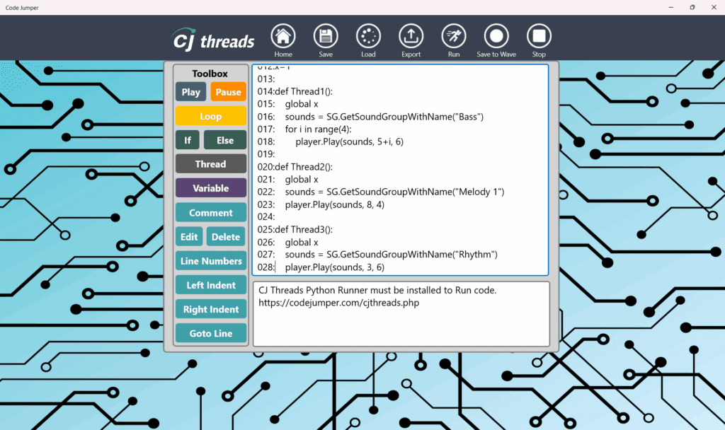 A screenshot of the CJ Threads section of the Code Jumper app. The background is light blue with decoration that looks like a motherboard. On the left side of the screen is the CJ Threads toolbox with colorful buttons that mimic Code Jumper pods, like Play, Pause, and Loop, as well as more advanced Python commands.