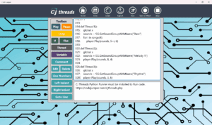 A screenshot of the CJ Threads section of the Code Jumper app. The background is light blue with decoration that looks like a motherboard. On the left side of the screen is the CJ Threads toolbox with colorful buttons that mimic Code Jumper pods, like Play, Pause, and Loop, as well as more advanced Python commands.